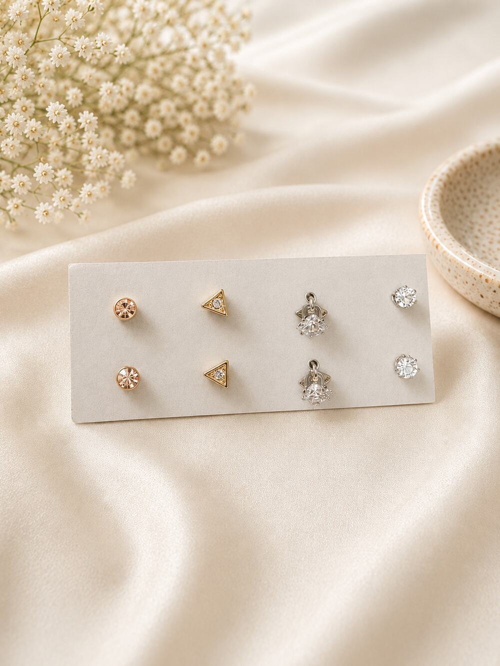 Rose Gold Tone Nickel Sensitive Mixed Stud Earrings 4 Pair Crystal Set